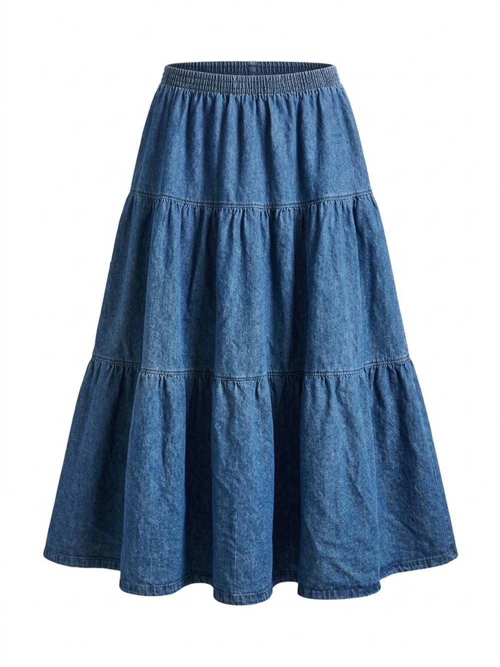 VTG 90s Tiered Denim Maxi Skirt XL Made in USA Elastic Waist Prairie Cottagecore
